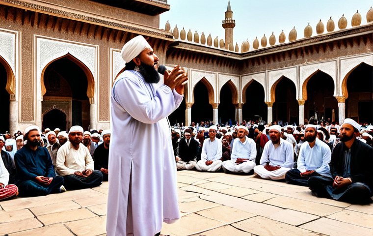 **
A vibrant street scene in a historical city square. A Sufi singer performs in front of an ancient mosque, their passionate singing captivating a diverse audience of locals and tourists. Capture the emotion and cultural significance of the moment.
**