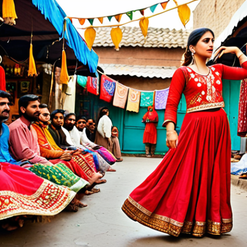 Home 22 **Prompt:** A street artist in traditional Kathak dress, vibrant colors like red and gold, performing in a bustling Pakistani bazaar. Focus on the intricate details of the embroidered fabrics and the artist's expressive face.