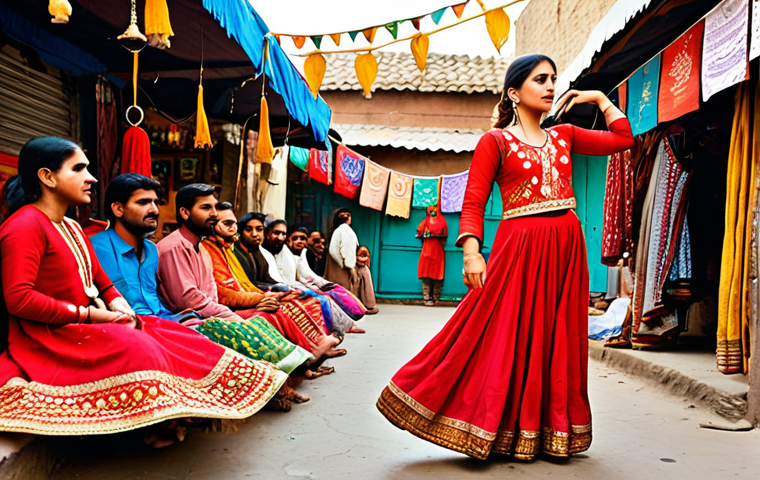 **Prompt:** A street artist in traditional Kathak dress, vibrant colors like red and gold, performing in a bustling Pakistani bazaar. Focus on the intricate details of the embroidered fabrics and the artist's expressive face.