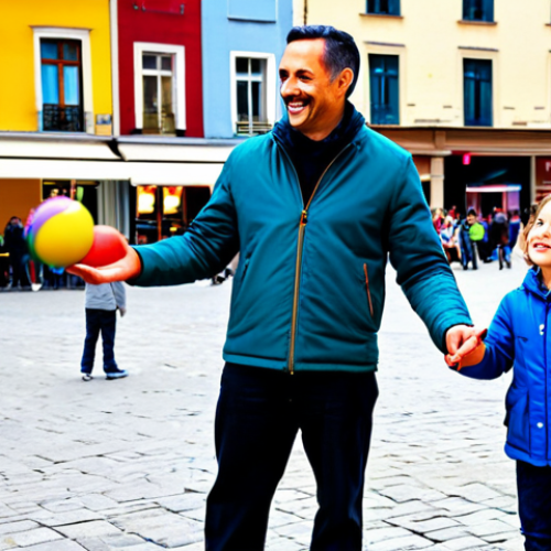 Home 20 Family Enjoying Street Art**
"A family (mother, father, and two children) are fully clothed and smiling as they watch a street performer juggling colorful balls in a city square. The background includes buildings and other people enjoying the scene. Family-friendly, safe for work, appropriate content, fully clothed, perfect anatomy, natural proportions, vibrant colors, street photography style."
**