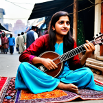 **

"A street artist, fully clothed in modest traditional Pakistani clothing, playing a sitar in a bustling marketplace in Lahore, Pakistan. Colorful textiles and vibrant street life surround them. Safe for work, appropriate content, perfect anatomy, natural proportions, professional quality, family-friendly."

**