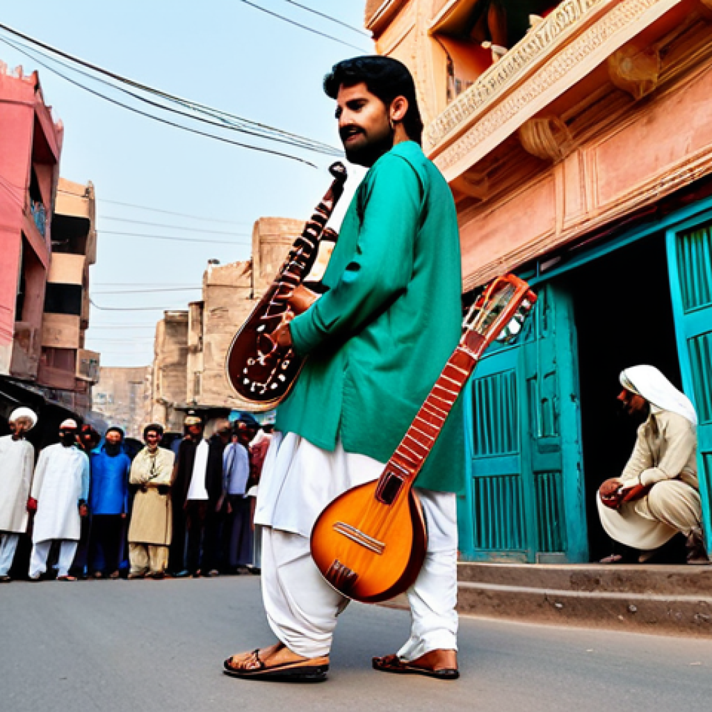 거리공연에서의 즉흥 연주 - **
"A vibrant street scene in a bustling Pakistani city. A musician with a sitar, fully clothed in ...