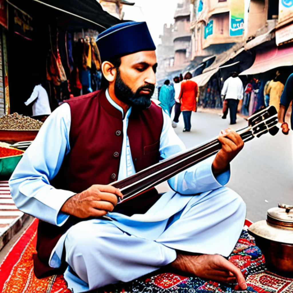 거리공연을 위한 콘텐츠 기획 - Musician**
"A street musician playing a traditional stringed instrument in a bustling marketplace i...