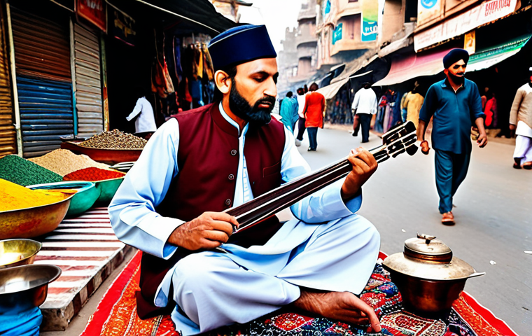 거리공연을 위한 콘텐츠 기획 - Musician**
"A street musician playing a traditional stringed instrument in a bustling marketplace i...