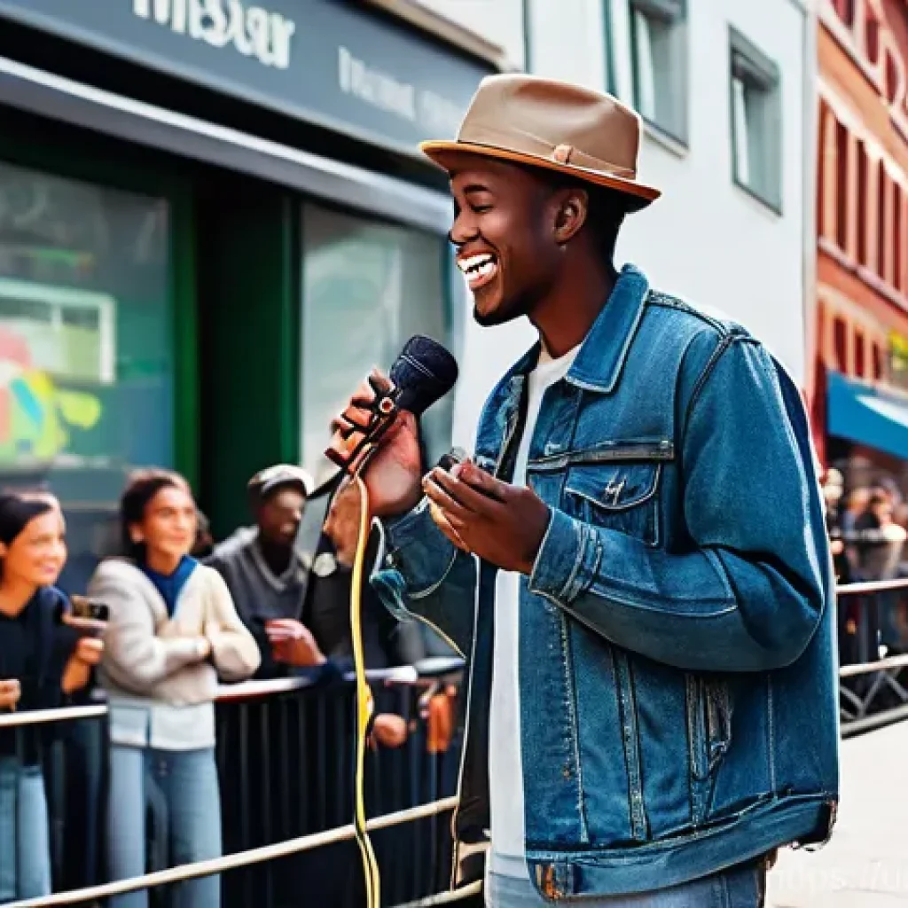 거리공연을 위한 음향 조정 - **Lively Street Performance with Portable Sound System**
"A vibrant street scene bustling with l...