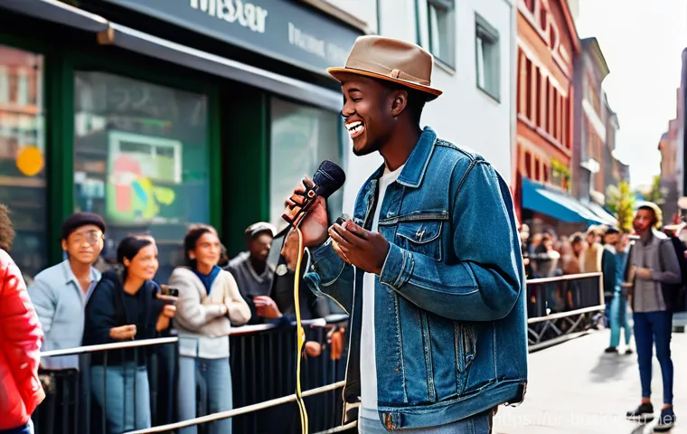거리공연을 위한 음향 조정 - **Lively Street Performance with Portable Sound System**
"A vibrant street scene bustling with l...