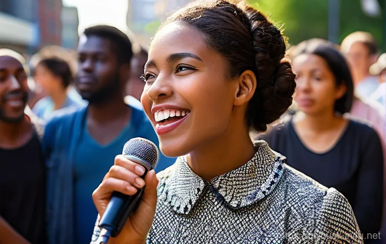 거리공연을 위한 음향 조정 - **Detailed Portable Sound System and Microphone Focus**
    "A professional, close-up shot of a high...