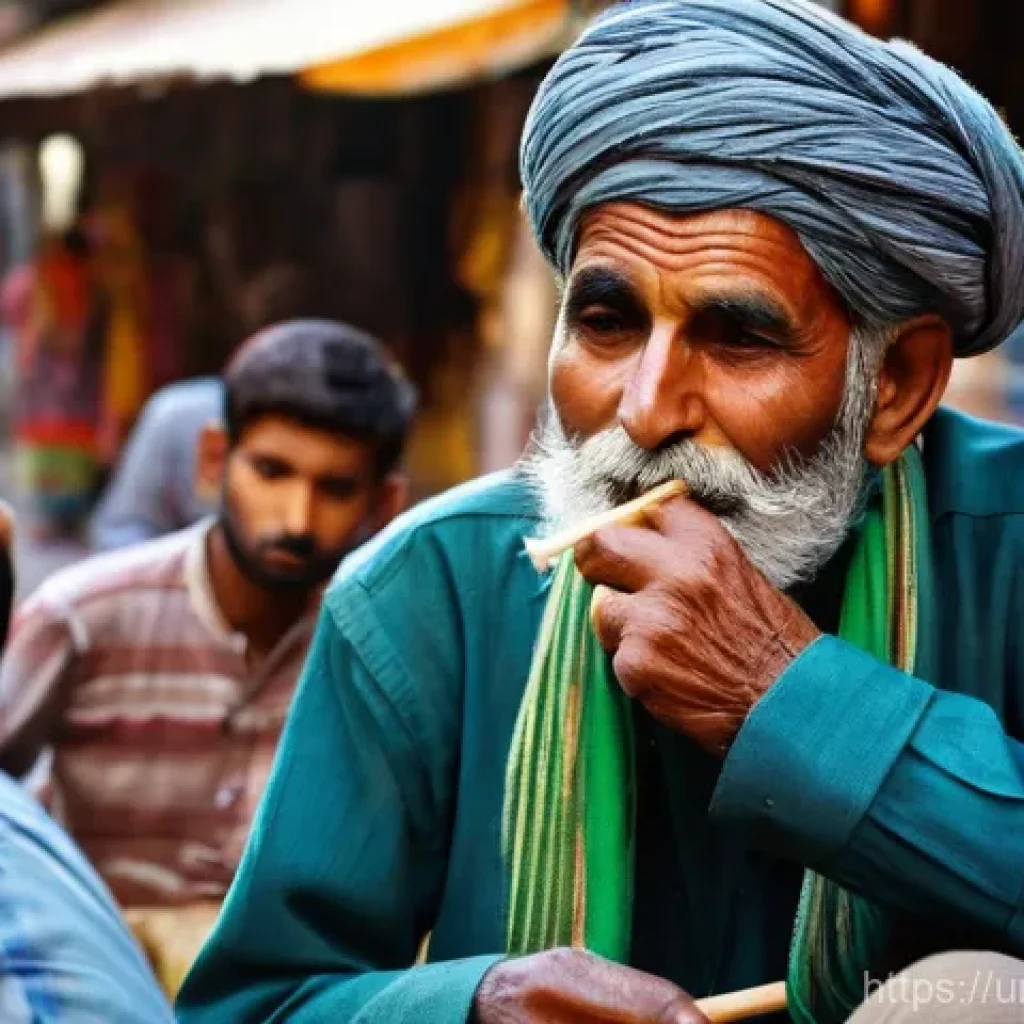 거리공연의 예술적 가치 - **Prompt:** A weathered, elderly Pakistani musician, with a kind, wise expression, plays a tradition...