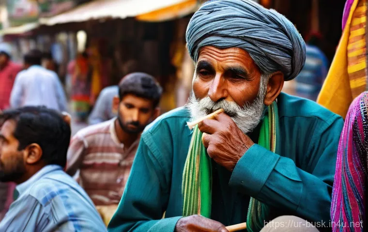 거리공연의 예술적 가치 - **Prompt:** A weathered, elderly Pakistani musician, with a kind, wise expression, plays a tradition...