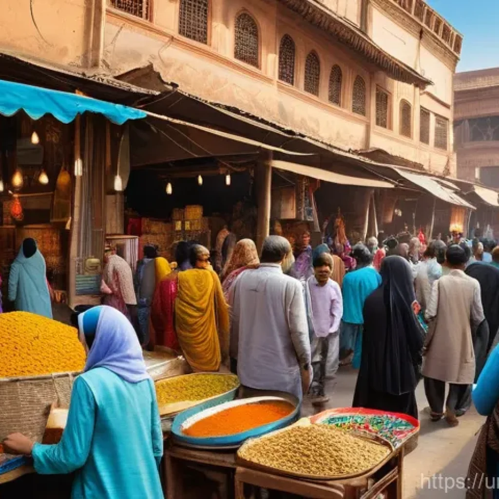 거리공연과 대화형 공연 - A bustling street market scene in a vibrant city, reminiscent of Lahore's Anarkali Bazaar. In the ce...