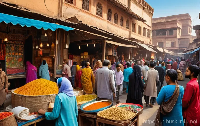 거리공연과 대화형 공연 - A bustling street market scene in a vibrant city, reminiscent of Lahore's Anarkali Bazaar. In the ce...