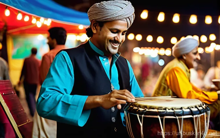 거리공연의 협업과 팀워크 - **Prompt:** A vibrant, bustling evening scene on Lahore's Food Street, capturing the magical synergy...