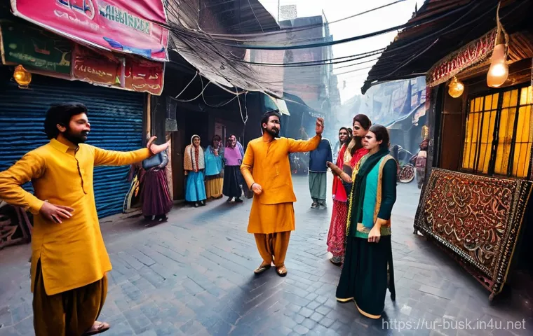 거리공연의 협업과 팀워크 - **Prompt:** A group of young Pakistani mime artists performing a silent, expressive narrative on a w... 거리공연의 협업과 팀워크 - **Prompt:** A group of young Pakistani mime artists performing a silent, expressive narrative on a w...